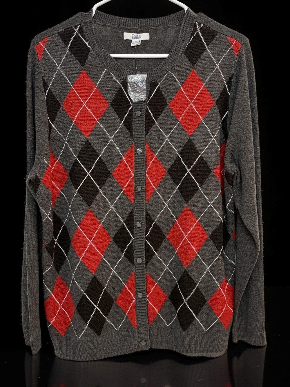croft & barrow Gray Argyle Cardigan with Red Accents